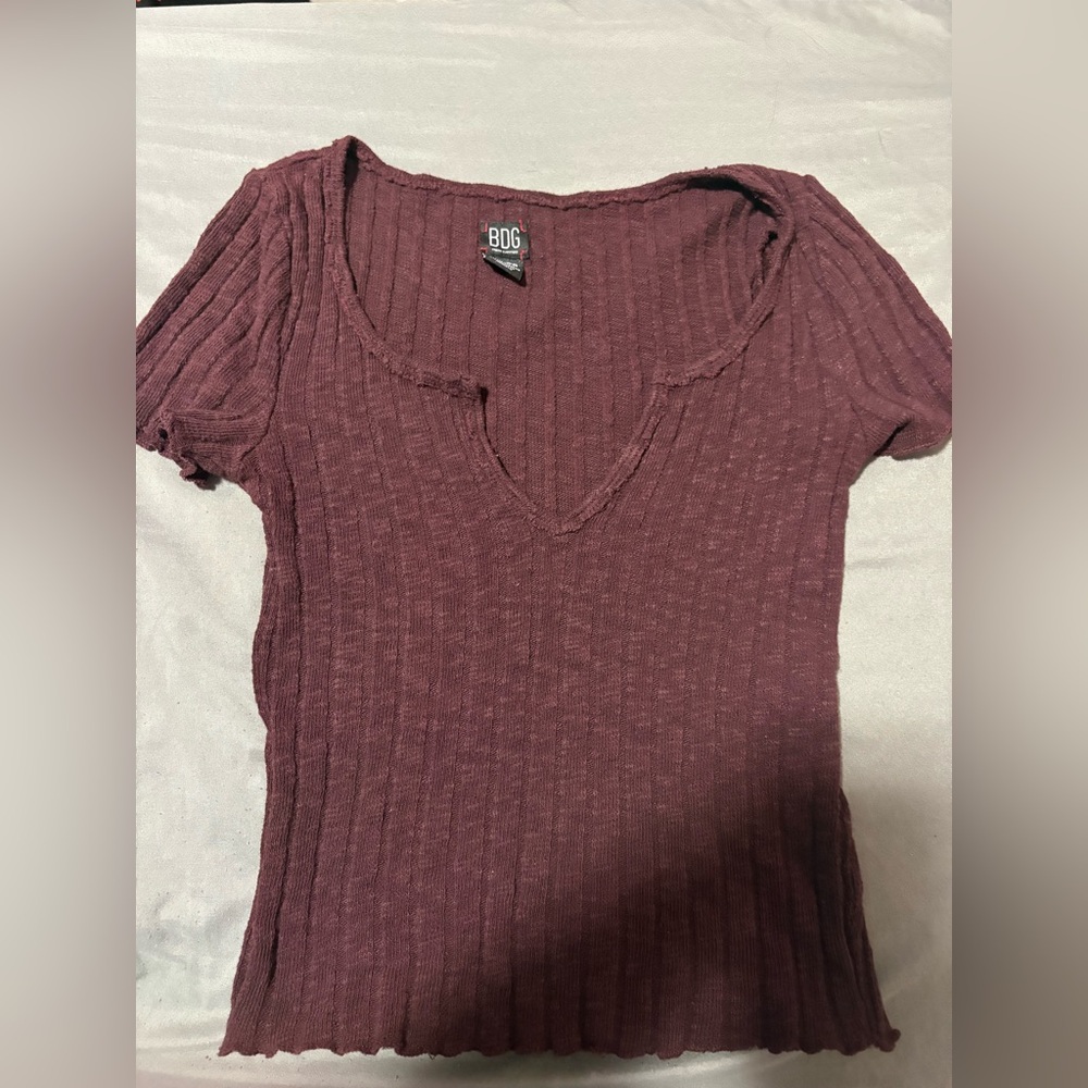 BDG Women's Short Sleeve Ribbed Top - Deep Burgundy size xs